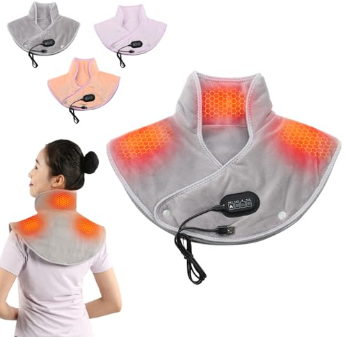 Kabellos Heizkissen Nacken Schulter, Wärmekissen Mit Akku 5000mA, USB Schulterwärmer Sable-Stoff, Nackenheizkissen Mit 3 Heizstufen & 3 Vibrationmodi, Für Nacken Schultern (A) (Grau)