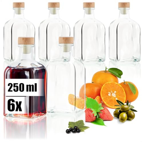 Robin Goods® 6x Botellas de Vidrio 250 ml con Tapón, Envases Vacíos para Llenar con Aceite, Vinagre o Licores