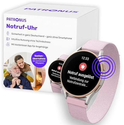 PATRONUS Notrufuhr - für Senioren - Roségold - mit GPS – ABO notwendig | Manueller SOS-Notrufknopf ohne Sturzerkennung, Notrufarmband, Mobiler Hausnotruf, 24/7 Notrufzentrale, mit App, Pflegegrad