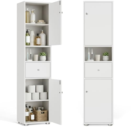HOKEEPER Armario Estrecho y Alto para Baño, Mueble Baño Independiente con Cajón y Estanterías Ajustables