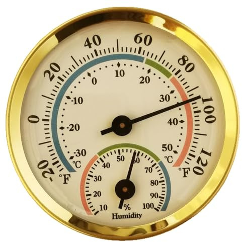 Dranvosk Mini Analog Hygrometer Thermometer - High Precision Humidity Temperature Gauge with Aluminum Alloy Case for Indoor Home Office Room Car Patio Sauna Garden Wall Mount(Gold)