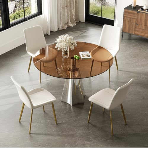 NUPczxg 35.4 in Round Dining Table and 4 Chair Set, Farmhouse Dinner Table with Tempered Glass Top and Silver Flared Base for Home Dining Room or Living Room, 5Pcs Amber+Silver Set