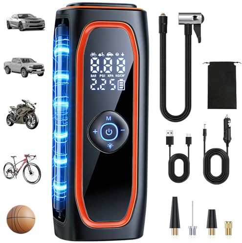 Portable Car Tyre Inflator Air Compressor,220Psi 7500mAh Cordless & 12V Electric Tyre Pump with Digital Pressure Gauge, Auto Shut Off, LED Light, Fast Inflation for Car, Motorcycle, Bike & Ball