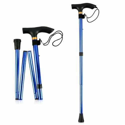 Foldable Walking Stick Adjustable Folding Walking Sticks For Men Women Anti Slip Rubber Tip Lightweight Mobility Cane Collapsible Balancing Walking Support For Disabled Seniors & Travel Blue(1pc)
