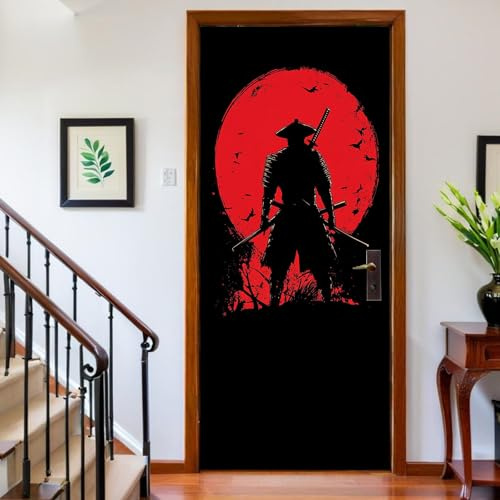 Türfolie 83 x 210 cm Samurai-Silhouette Mond Türtapete Türposter Rot Türaufkleber für Wohnzimmer Kinderzimmer Küche Bad