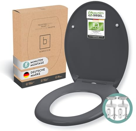 BENKSTEIN Abattant de toilette antibactérien ovale gris foncé - Duroplast avec fonction de dégagement rapide et système d'abaissement automatique - Abattant WC amovible en acier inoxydable