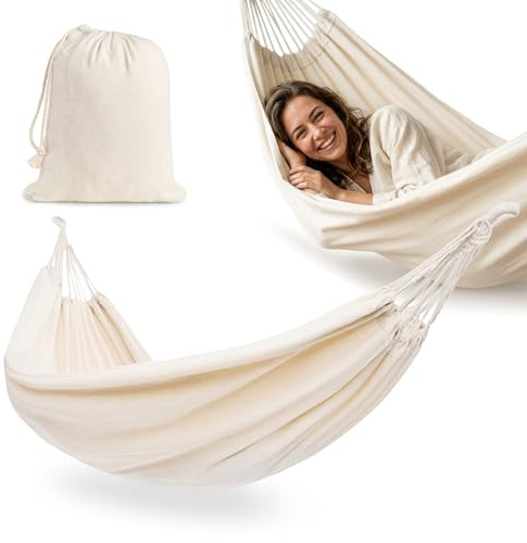 HyperMotion Boho trädgårdshängmatta 200 x 150 cm med lock – beige hängmatta för balkong, terrass och trädgård, lätt och hållbar