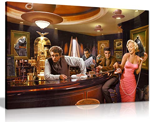 Kunstdruck auf Leinwand, Motiv Marilyn Monroe Elvis Presley James Dean In Bar, 61 x 40,6 cm