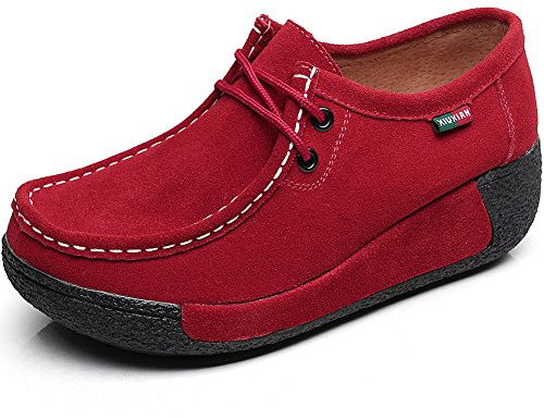 rismart Mujer Zapatos Formal Plataforma Oculto Tacón Cuña Gamuza Zapatillas De Moda Rojo,41 EU