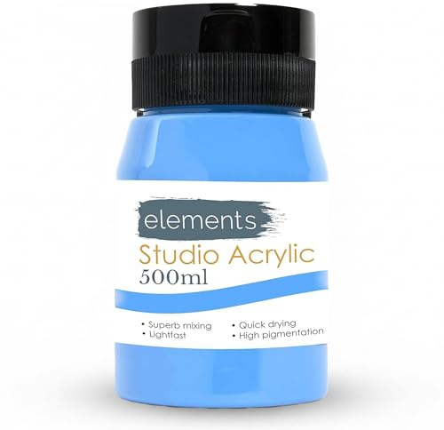 Elements 500 ml Studio Acrylic Paint Tub – Quick-Drying Paint for Canvas, Wood, Glass & More – Low-Odour Highly Pigmented Vibrant Acrylic Paints – Cerulean Blue