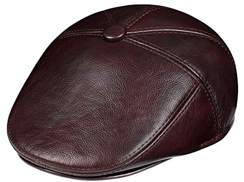 SK Studio Herren Leder Flatcap,Rindsleder Ledermütze,Schiebermütze Herbst/Winter,Rotbraun,XL 59-60cm