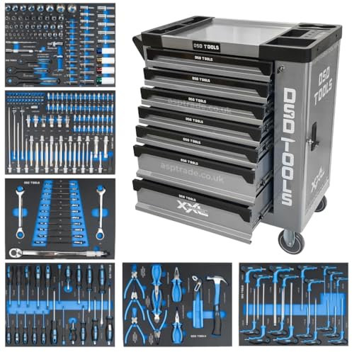 DSD TOOLS Steel Tool Chest Trolley Cabinet Fully Loaded Workshop Tool Box on Castors with Lockable Storage and Easy Mobility (Silver)