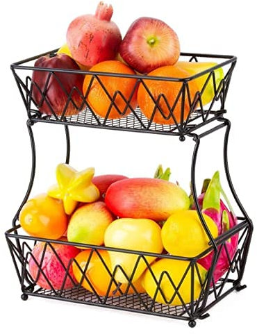 ZJYWMM Multifunctional Removable Fruit Basket Fruit Etagere, 2 Story High Capacity Metal Fruit Bowl Kitchen Vegetable Storage Holder Modern Decorative Broad Stand - Black Rectangle