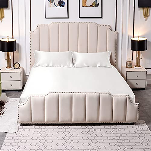 THXSILK 25 Momme Seide Spannbetttuch 3 teilig Set mit 1 Stuck Spannbettaken 200x200 und 2 Stücke Kissenbezüge 40x80, Beide 100% Seide, Weiß