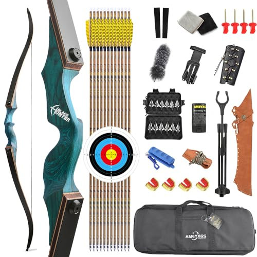 AMEYXGS 60 Bogenschießen Takedown Recurvebogen Schießen Sportgen Erwachsenen 20-60LBS Jagdbogen Holzriser mit Bogenschießen Zubehör Rechtshänder (25LBS, Bogen + Zubehör)