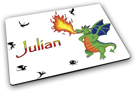 Maus-Design Textil Tischset mit Name, Grüner Drache | Gummirückseite, Platzdeckchen, Personalisiert