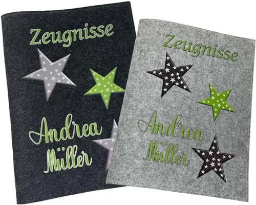 Zeugnismappe mit Namen - Mädchen und Jungen - Personalisiert Filz A4 Sterne Grün - Dokumenten Urkunden Mappe Kinder - Hefter Zeugnisse - Sichtbuch