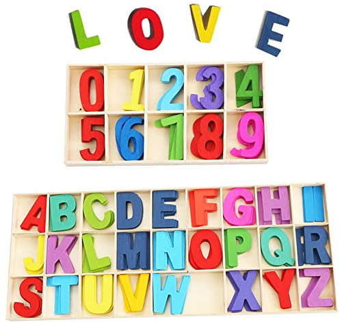 180 Piezas Letras Mayúsculas Madera con Bandeja Almacenamiento, Letras y Números en Madera Natural, Colorido Juego Letras Madera, para Bricolaje, Decoración de Fiestas