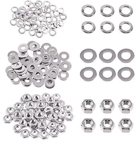Swpeet 150 dadi esagonali M3 in acciaio inox 304 e rondelle piatte M3 con kit assortimento di rondelle di bloccaggio M3, dado esagonale a filettatura grossa per uso domestico e automobilistico
