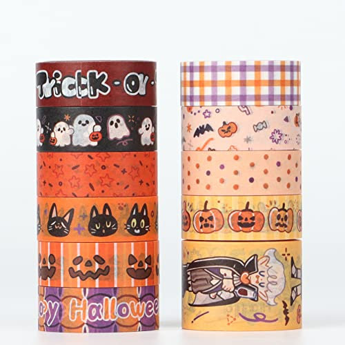 LGEGE 11 Rollen Washi Tape Set – 30/15/10 mm breit, Halloween-Element, Geist, Kürbis, schwarze Katze, Sarg, Vampir, japanisches Abdeckband (5 m), perfekt für Halloween-Party-Dekoration, Spielzubehör