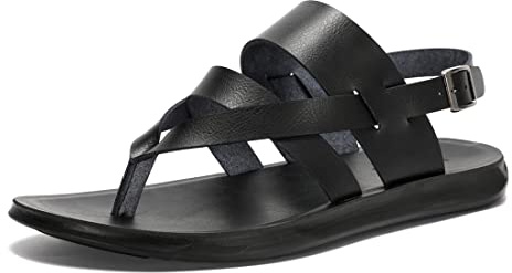 Harssidanzar Sandales en cuir pour hommes,Sandales d'été confortables à bride de cheville réglable pour hommesKM218EU,Noir,Taille 43