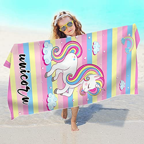 FEELJAM Telo mare per bambini unicorno Asciugamano da bagno 70 x 140 Asciugamano da spiaggia senza sabbia - a strisce multicolore Teli mare