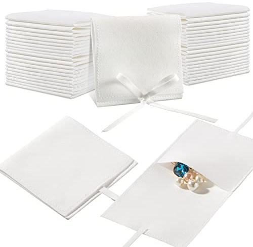 Lothee 40 Pcs Microfiber Jewelry Pouch 8x8 cm Jewelry Packaging Luxury Small Gift Bags Bow Tie Microfiber Bag for Bracelet Necklace Packaging,Envelope Style with String and Divider(White)