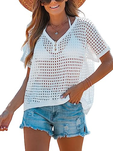CUPSHE Haut cache-maillot de bain à manches courtes en crochet pour femme, blanc, Taille XL