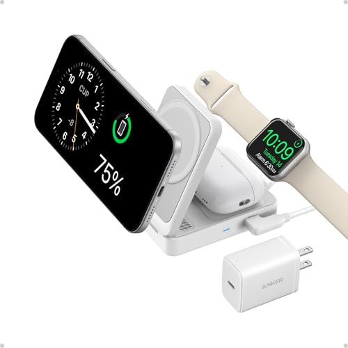 Anker MagGo 3 in 1 iPhone 17 Charging Station, MagSafe-Compatible Wireless Charger Stand, Qi2 Certified 15W Foldable Charger for iPhone 17/16/15/14/13/12, AirPods, Apple Watch Ultra(Adapter Included)