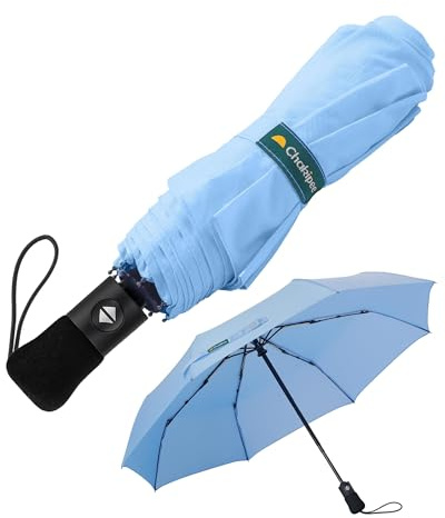 Chakipee Kompakter Reise Regenschirm Groß Sturmfest – Automatik Taschenschirm für Herren und Damen, Tragbarer 210T-Stoff 97 cm Spannweite 8 Rippen Schirm Himmelblau