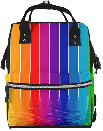 OrcoW Windeltasche, Regenbogen, gestreift, Mumien-Rucksack, große Kapazität, multifunktional, wasserdicht, Wickeltasche für Mama und Papa, Schwarz , One size