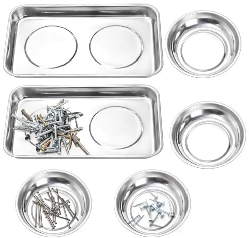 Okllen 6 Pcs Magnetic Parts Tray Set, Stainless Steel Heavy Duty 9.5W x 5.5''L Square and 4 1/4 Round Extra Strong Magnetic Tool Trays Holder for Socket Screw Nuts Bolts Metal Parts