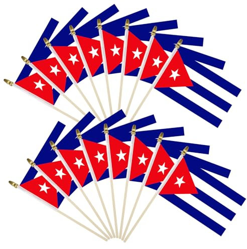 Paquete de 16 banderas pequeñas de Cuba en palo, mini banderas cubanas con parte superior segura para niños, poste de madera de 5 x 8 pulgadas, banderas de mano para decoraciones patrióticas,