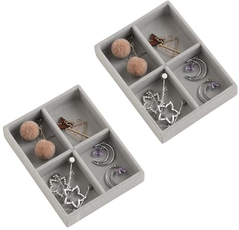 Frebeauty Kleines Schmucktablett, stapelbares Samt-Schmuck-Organizer-Tablett, Mini-Schmuck-Schubladen-Organizer, Schubladeneinsätze, 12 x 9,5 x 2,3 cm, 4 Fächer, Ohrring-Organizer für Damen (Set 2,