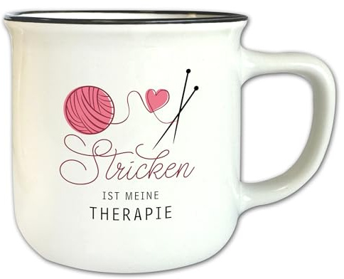 Vintage Tasse T73 mit Spruch ″Stricken ist meine Therapie″ Motivtasse Geschenk Wolle Stricken Häkeln 330 ml