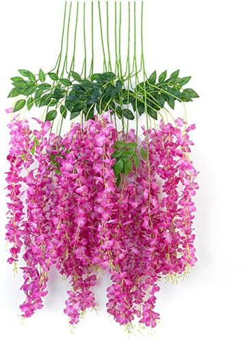 NatureMan Glyzinien-Hängeblumen, künstliche Glyzinien-Ranke, Ratta-Girlande, Seidenblumen für Hochzeit, Party, Garten, Outdoor-Wanddekoration, 12 Stück (lila-rot)