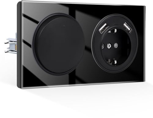 CNBINGO Kipplichtschalter mit USB Steckdose Unterputz, Glas Schuko Steckdose mit 2,1 Amp USB-A Port, 1 Fach 1 Weg Glas Lichtschalter, Schwarz
