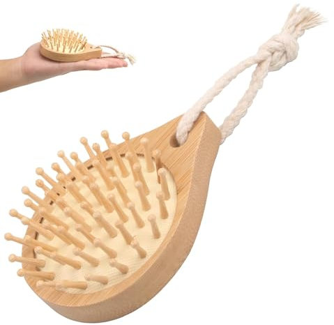Mini spazzola in bambù per la crescita dei capelli, spazzola massaggiante per capelli in bambù, mini setole in legno naturale, spazzola districante per capelli da donna, senza manico, spazzola rotonda