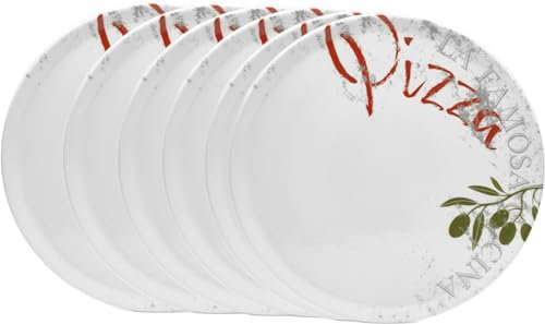 Van Well Famosa - Platos de pizza italianos grandes de 33 cm de diámetro, color blanco, juego de 6 platos de porcelana XL para pizza, pasta y ensalada, aptos para microondas, aptos para lavavajillas,