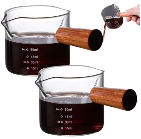 Vaso de chupito para expreso taza medidora de expreso de 100ml escala transparente de Oz/Ml tazas de expreso con boquillas de 2 V taza para verter con mango de madera 2 uds.