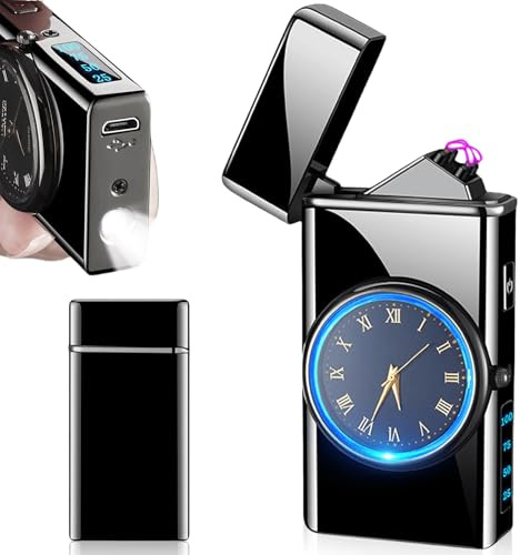 Mechero eléctrico, arco eléctrico, con reloj y función de iluminación LED, resistente al viento, encendedor eléctrico, regalo para hombres, con caja de regalo