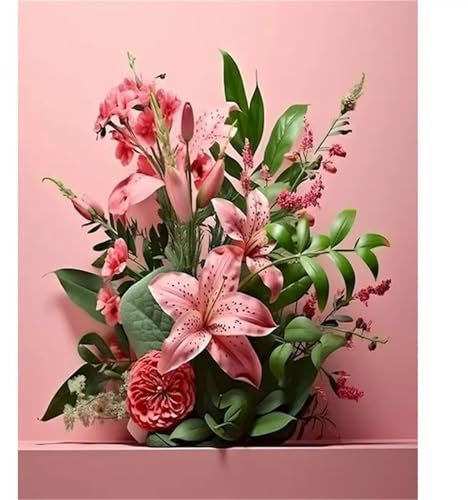 Umfarvt Malen Nach Zahlen Erwachsene,DIY Paint by numbers for adult beginner,Acrylmalerei Set mit Pinseln und Farben kann als Geschenk, Hause Dekoration verwendet werden Rosa Lilien-Framed,55x70cm