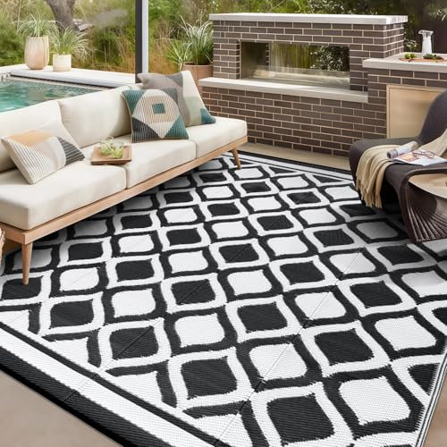 VK·LIVING Outdoor Rug for Garden Patios Waterproof 120X180cm Reversible Carpet Durable & UV Resistant Modern Outdoor Mat Portable Lightweight Area Patio Rugs for Balcony Camping Yard RV Black&White