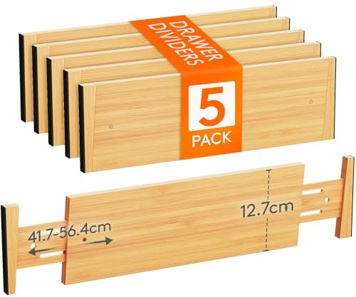 Lifewit Separadores de Cajones ajustables de bambú, Divisores para Cajones, Organizador para Cocina, Armarios, Escritorio, Tocador, Altura 12.7 cm y Longitud 45-55 cm, Set de 5