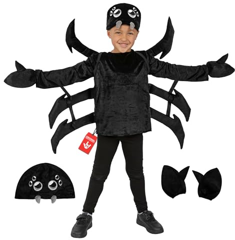 Morph Kids Spindelkostym Barn Svart - Komplett 8-Benig Dräkt med Ryggsäck Bred Hatt & Handskar T2 S M L