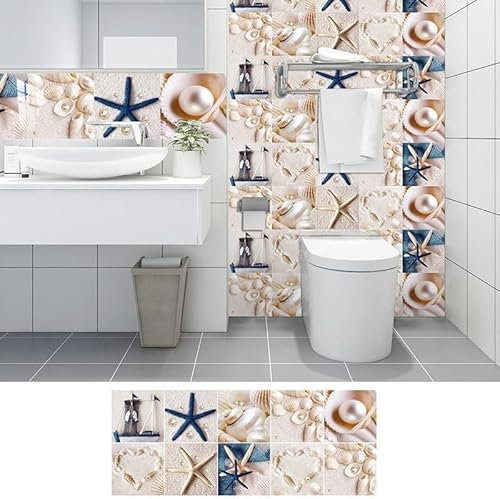 20 Stück selbstklebende PVC Fliesenaufkleber (10x10cm/1pcs) - Stranddesign mit Seestern & Muscheln - Küche & Badezimmer Klebefliesen rückstandslos abziehbar - EXTRA Haftkraft