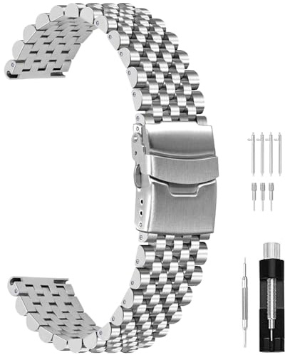 Juntan 20 mm 22 mm klockband, 7 pärlor rostfritt stål klockarmband för män kvinnor, polerad borstad metall klockrem klockarmband med dubbelt vikbart spänne, 20mm, Rostfritt stål, Ingen ädelsten