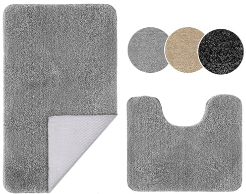 Ceneco Badematte Set 2 Teilig rutschfeste Badezimmerteppich Set Grau | Diese 2,5cm, Hervorragende Saugfähigkeit, TPR-Unterseite, Maschinenwaschbar, Toilettenvorlage
