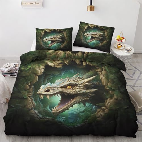 Sommer Bettwäsche 140x200 Junge Drachen Motiv - Fantasy Höhle Bettbezug und 1 Kissenbezug 70x90, Weiche Bügelfreie Mikrofaser Deckenbezug 2er Set mit Reißverschluss, Wendebettwäsche & Deko M&-9659