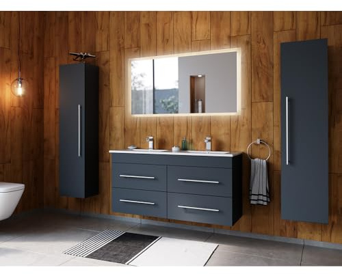 Lomadox Badezimmermöbel Badmöbel Set 4-teilig, Doppel-Waschtisch Waschplatz 120cm breit mit Doppel-Waschbecken, Schrank, Hochschrank und LED Spiegel, in grau